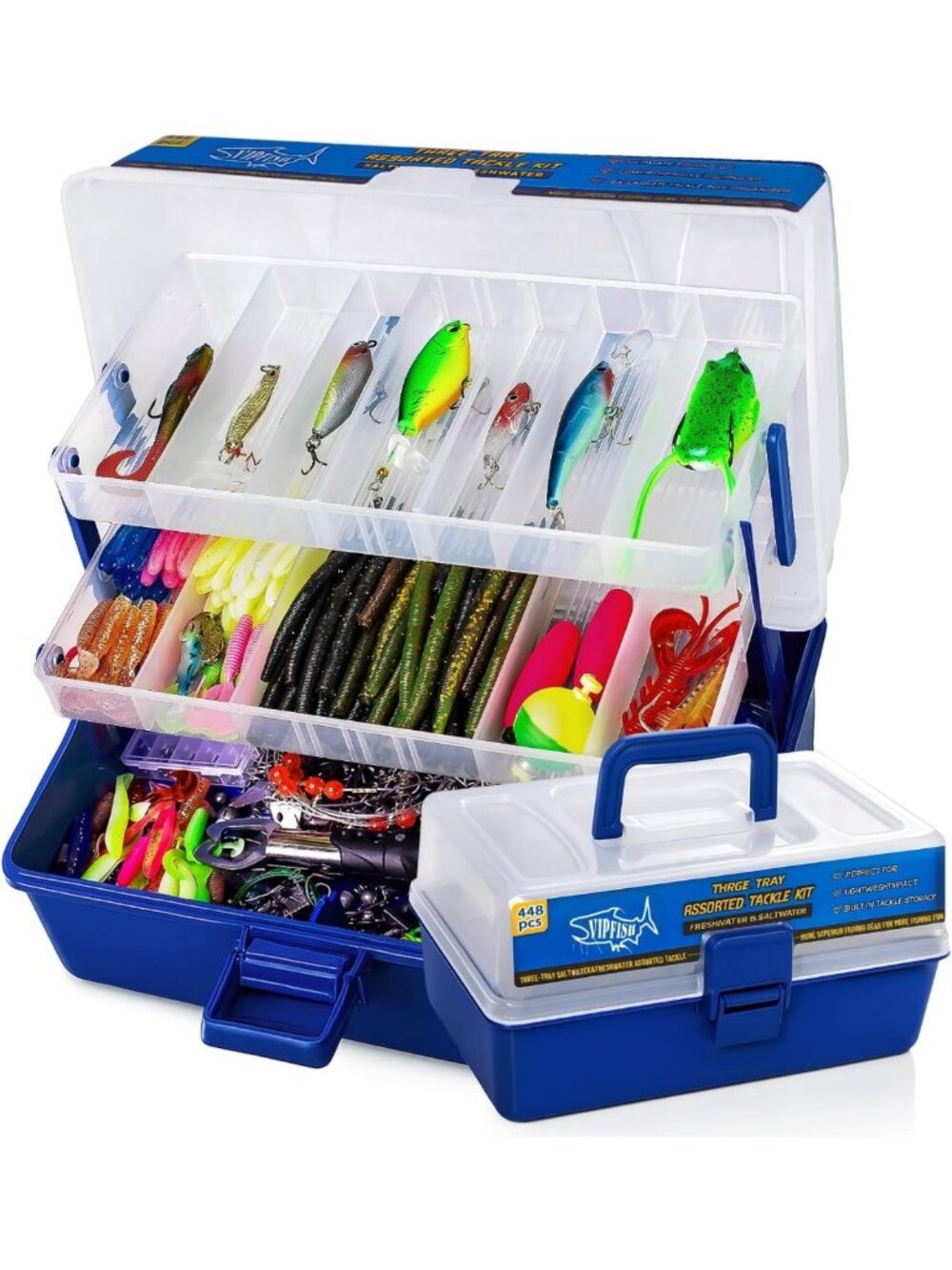 Large 3-Layer Fishing Tackle Box with 448 Pcs Lures & Accessories Included
